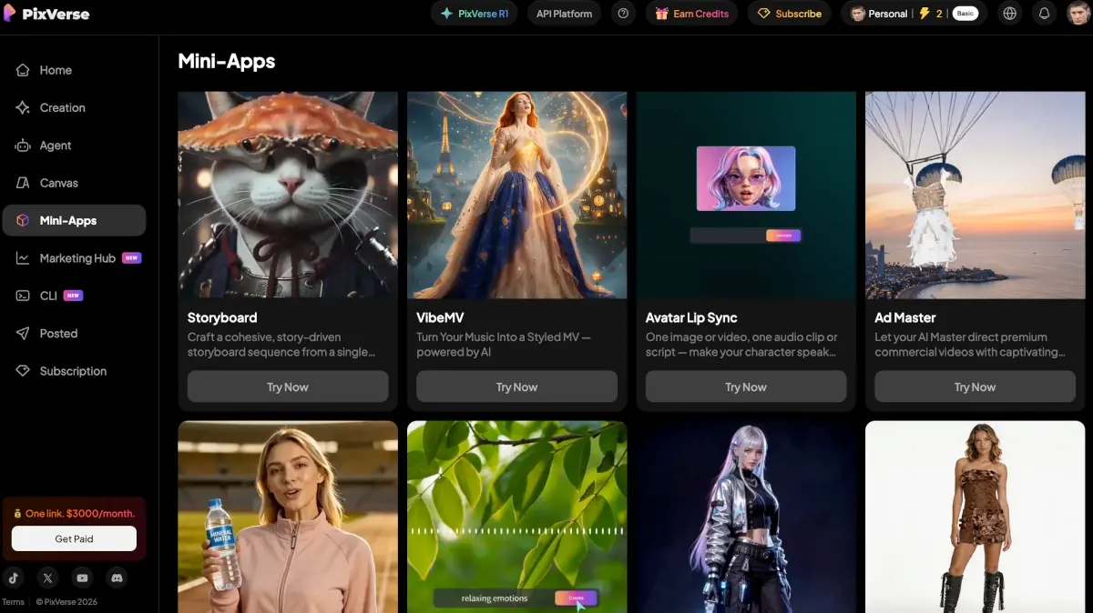 PixVerse Mini-Apps page listing Storyboard, VibeMV, Avatar Lip Sync and Ad Master templates