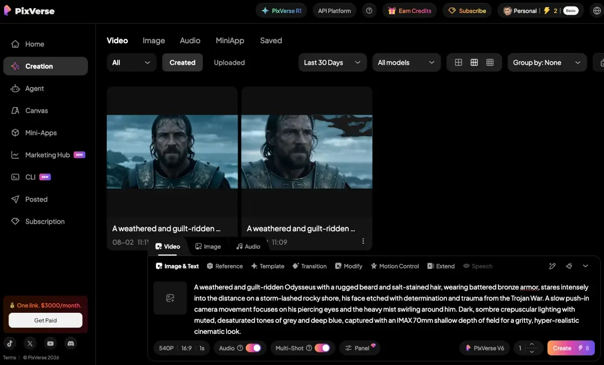 PixVerse video creation screen with the V6 model, audio and multi-shot switched on, and an 8-credit cost on the Create button