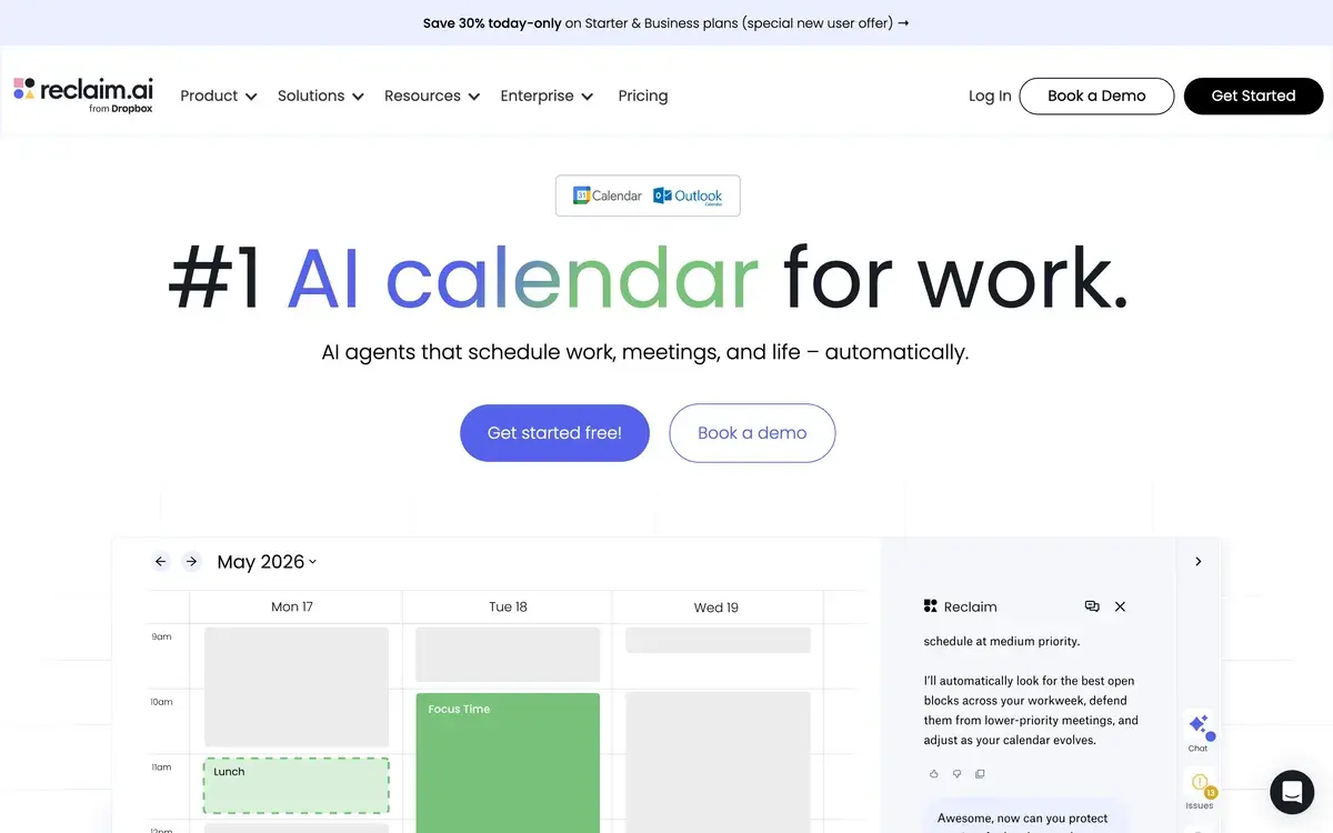 Reclaim homepage in October 2026, with the reclaim.ai from Dropbox logo, a banner offering 30% off Starter and Business for new users, the headline #1 AI calendar for work, and a May 2026 calendar with a green Focus Time block beside a chat panel