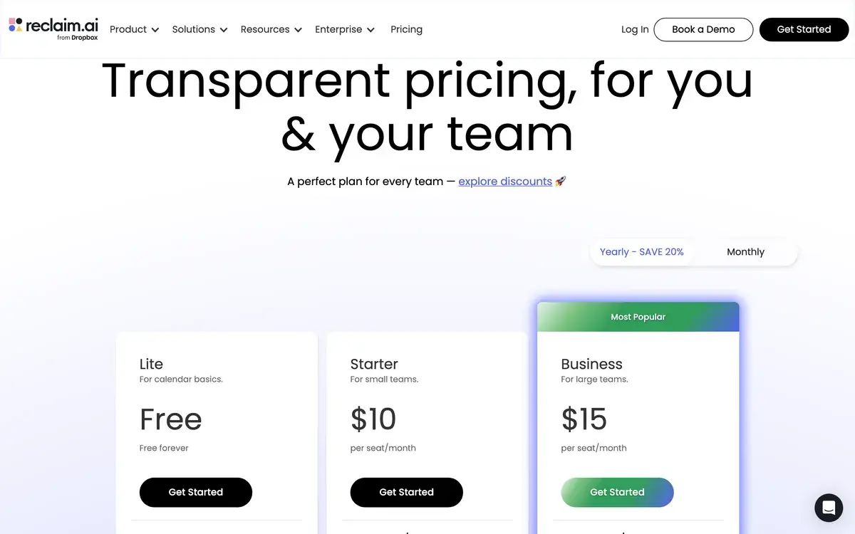 Reclaim's pricing page in October 2026 headed Transparent pricing, for you and your team, with yearly billing selected at 20% off: Lite free forever, Starter at 10 dollars per seat a month and Business at 15 dollars per seat marked most popular