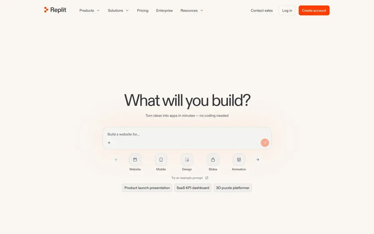 Replit homepage in October 2026 asking What will you build?, with a prompt box and shortcuts for a website, mobile app, design, slides and animation, plus example prompts such as a product launch presentation and a SaaS KPI dashboard
