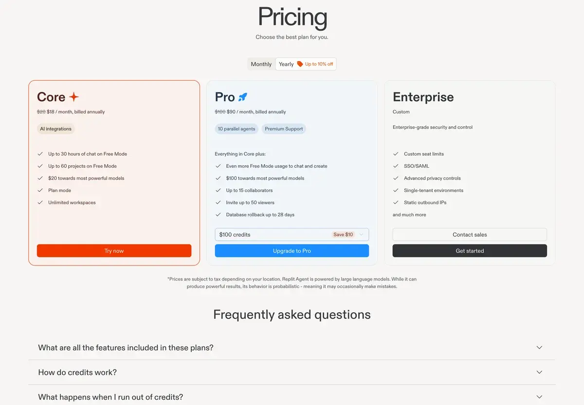 The Replit pricing page in October 2026 with yearly billing selected: Core at 18 dollars a month instead of 20, Pro at 90 dollars instead of 100 with a credit selector, and Enterprise at a custom price