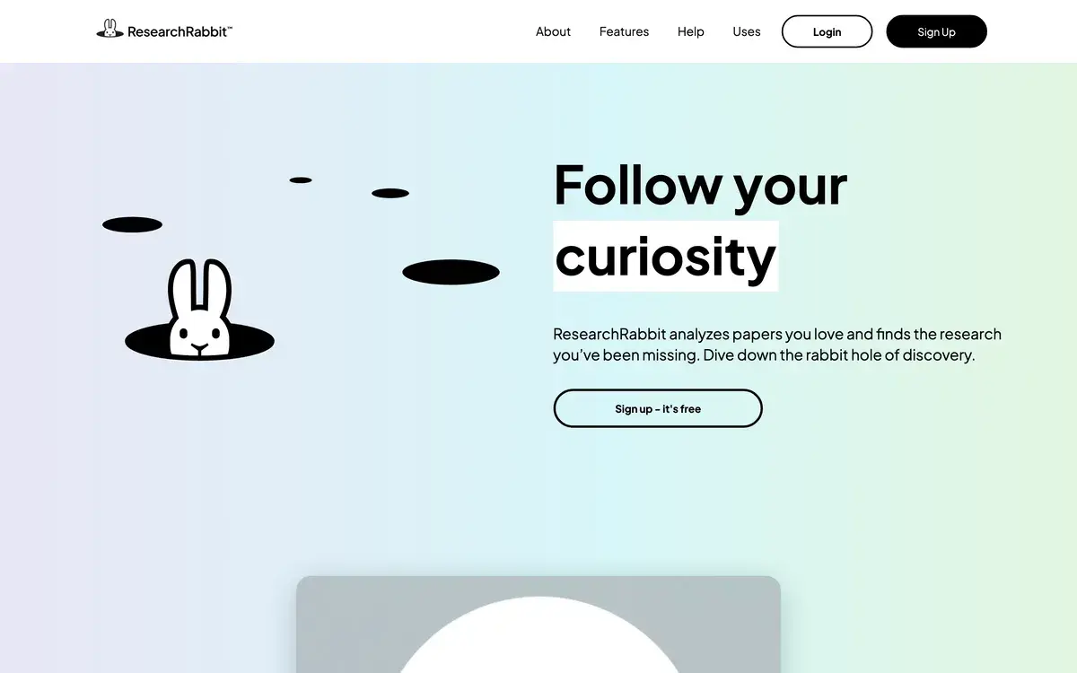 A cartoon rabbit peeking out of a hole on ResearchRabbit's pastel homepage, October 2026, beside the words Follow your curiosity, a line about analyzing papers you love to find the research you've been missing, and a Sign up, it's free button
