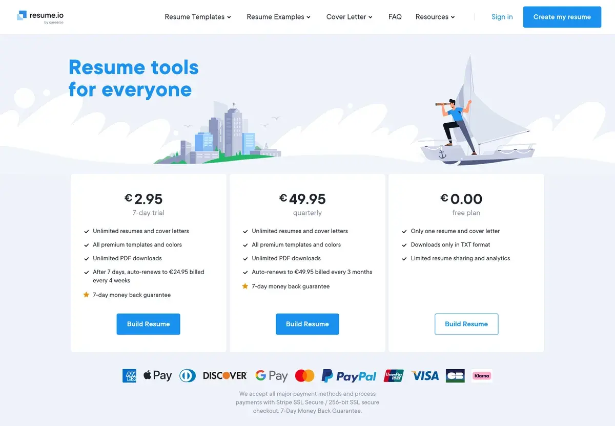 Resume.io pricing page in October 2026, headed Resume tools for everyone, with three cards: a 2.95 euro seven-day trial that auto-renews to 24.95 euros billed every four weeks, a 49.95 euro quarterly plan, and a free plan limited to one resume and cover letter with TXT downloads only