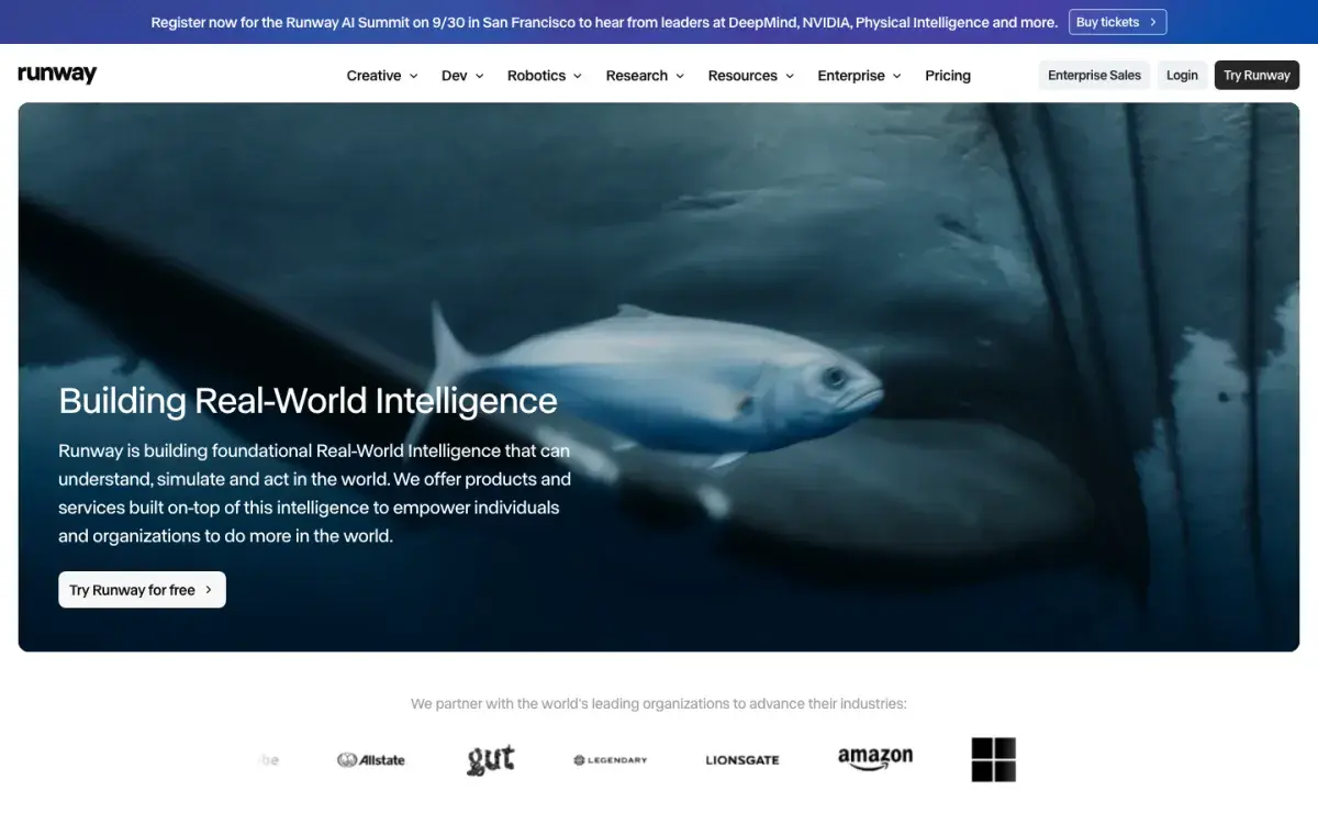 Runway homepage in September 2026 with the headline Building Real-World Intelligence and a Try Runway for free button over an underwater video still