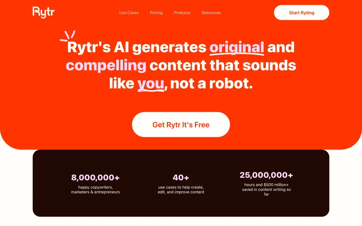 Orange banner on Rytr's homepage in October 2026 promising original, compelling content that sounds like you, not a robot, with a Get Rytr It's Free button above claims of 8,000,000+ users and 40+ use cases