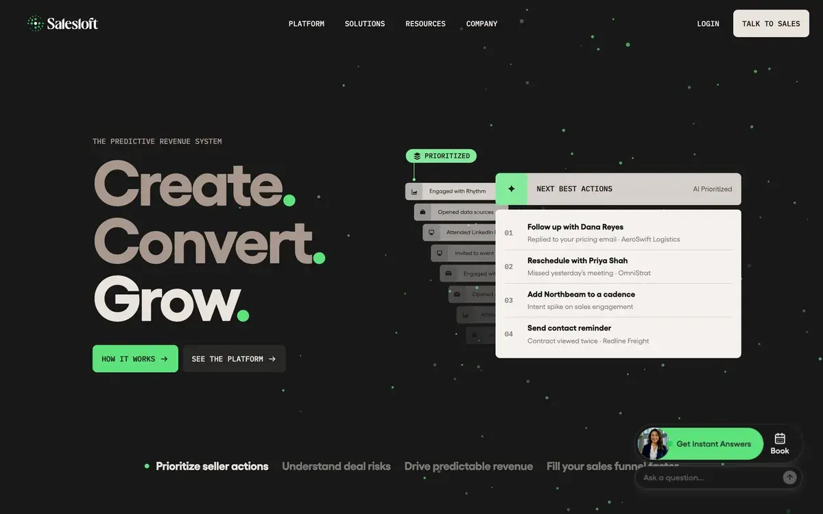 Salesloft homepage in October 2026 on a dark background labelled The predictive revenue system, with the words Create. Convert. Grow., How it works and See the platform buttons, and a panel of AI-prioritized next best actions such as following up with a contact who replied to a pricing email