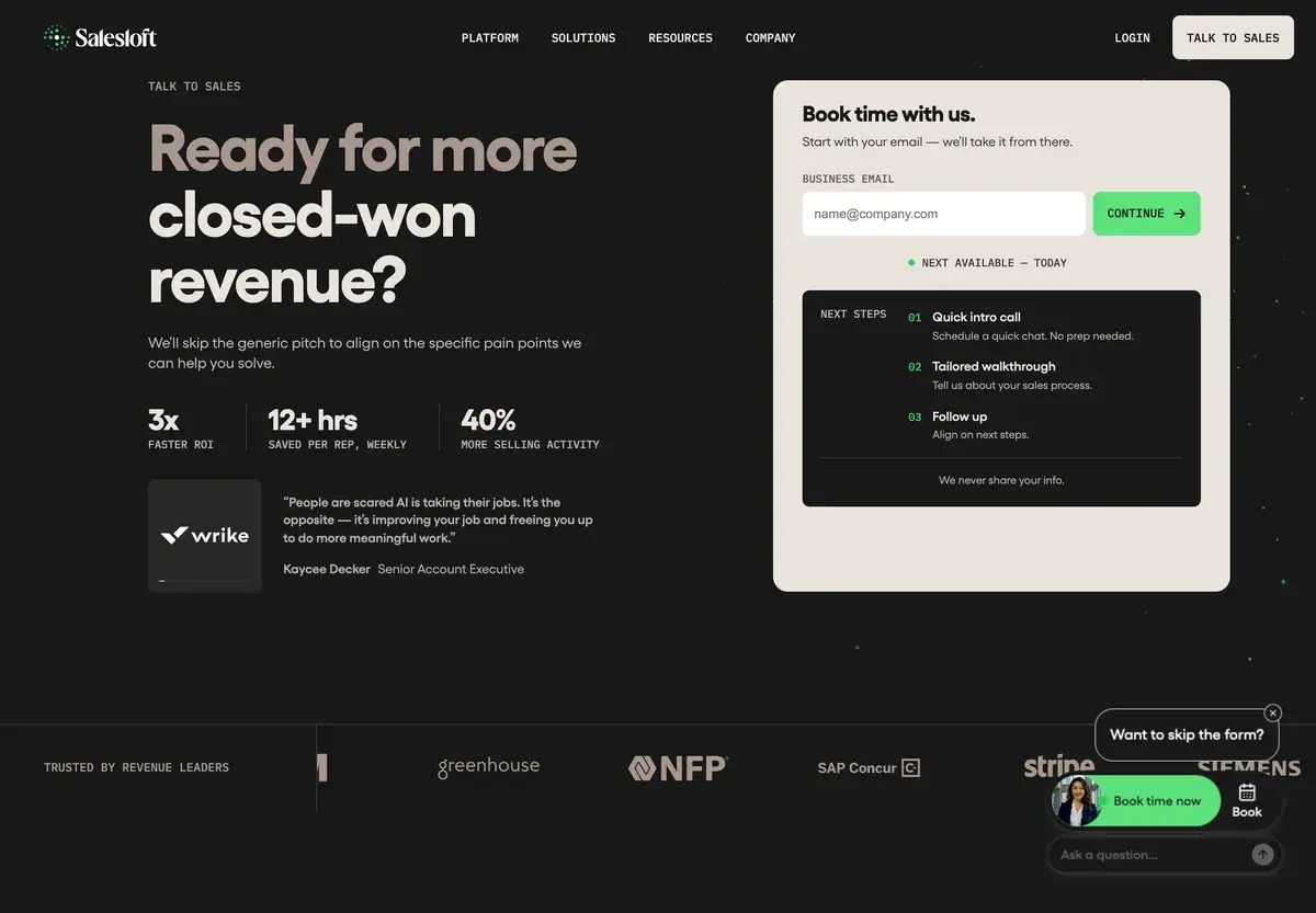 Salesloft's pricing page in October 2026, titled Ready for more closed-won revenue?, with no plan prices, only a form to book time with sales, three next steps from an intro call to a tailored walkthrough, and claims of 3x faster ROI, 12+ hours saved per rep weekly and 40% more selling activity