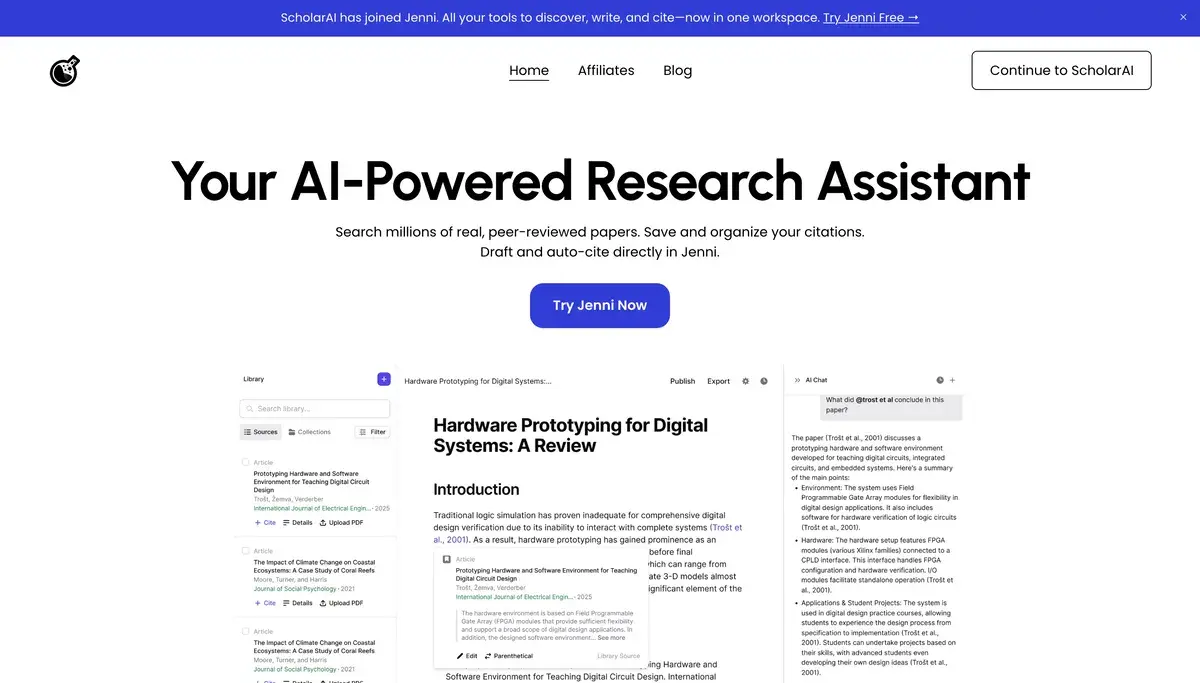 ScholarAI homepage in September 2026 with a banner reading ScholarAI has joined Jenni, the headline Your AI-Powered Research Assistant, a line about searching millions of real, peer-reviewed papers and drafting with auto-citations in Jenni, a Try Jenni Now button and a preview of a research document