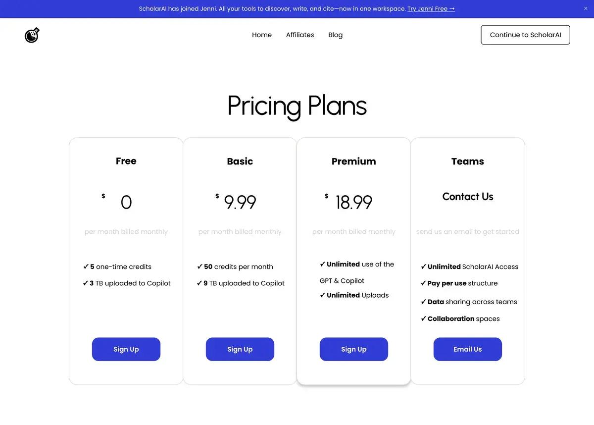 ScholarAI pricing page in September 2026 headed Pricing Plans, with Free at 0 dollars including 5 one-time credits, Basic at 9.99 dollars a month with 50 credits a month, Premium at 18.99 dollars a month with unlimited use of the GPT and Copilot and unlimited uploads, and Teams by contact with unlimited ScholarAI access, pay-per-use billing, data sharing and collaboration spaces