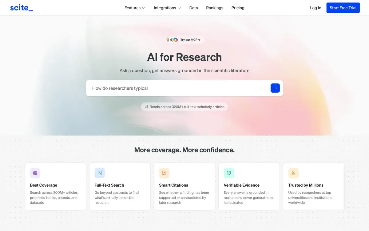 Scite's homepage, October 2026: AI for Research in large type, the line Ask a question, get answers grounded in the scientific literature, a search box with a sample question about job autonomy, a Try our MCP badge and a note that it reads across 320M+ full-text scholarly articles