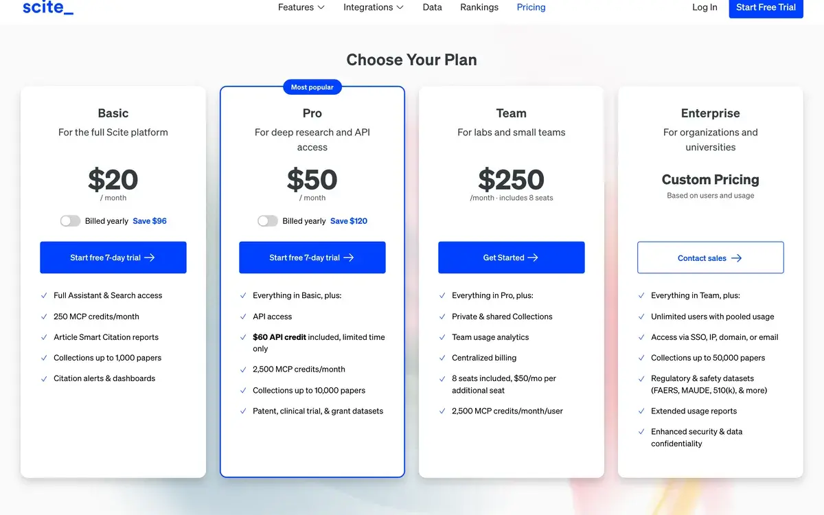 Four plan cards under Choose Your Plan on Scite's pricing page, October 2026, with Basic at 20 dollars a month and Pro at 50 dollars marked most popular on monthly billing, each with a Billed yearly switch promising savings of 96 and 120 dollars, Team at 250 dollars a month including 8 seats, and custom Enterprise pricing