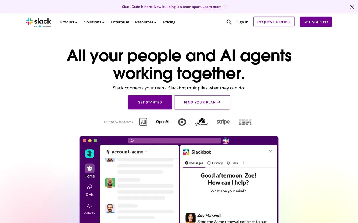 Slack homepage in September 2026 with a banner reading Slack Code is here, the headline All your people and AI agents working together, the line Slack connects your team, Slackbot multiplies what they can do, and a Slack window with a Slackbot panel asking How can I help?