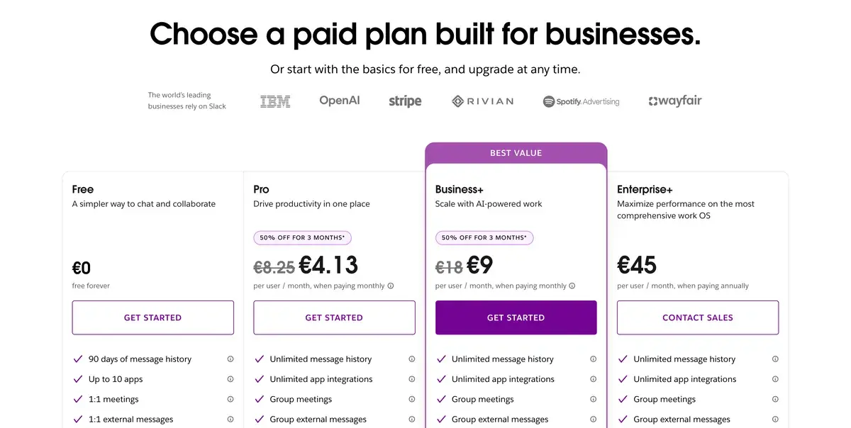 Slack pricing page in September 2026 in euros: Free at 0 with 90 days of message history, Pro at 4.13 instead of 8.25 per user a month for three months, Business+ at 9 instead of 18 marked best value, and Enterprise+ at 45 per user a month billed annually
