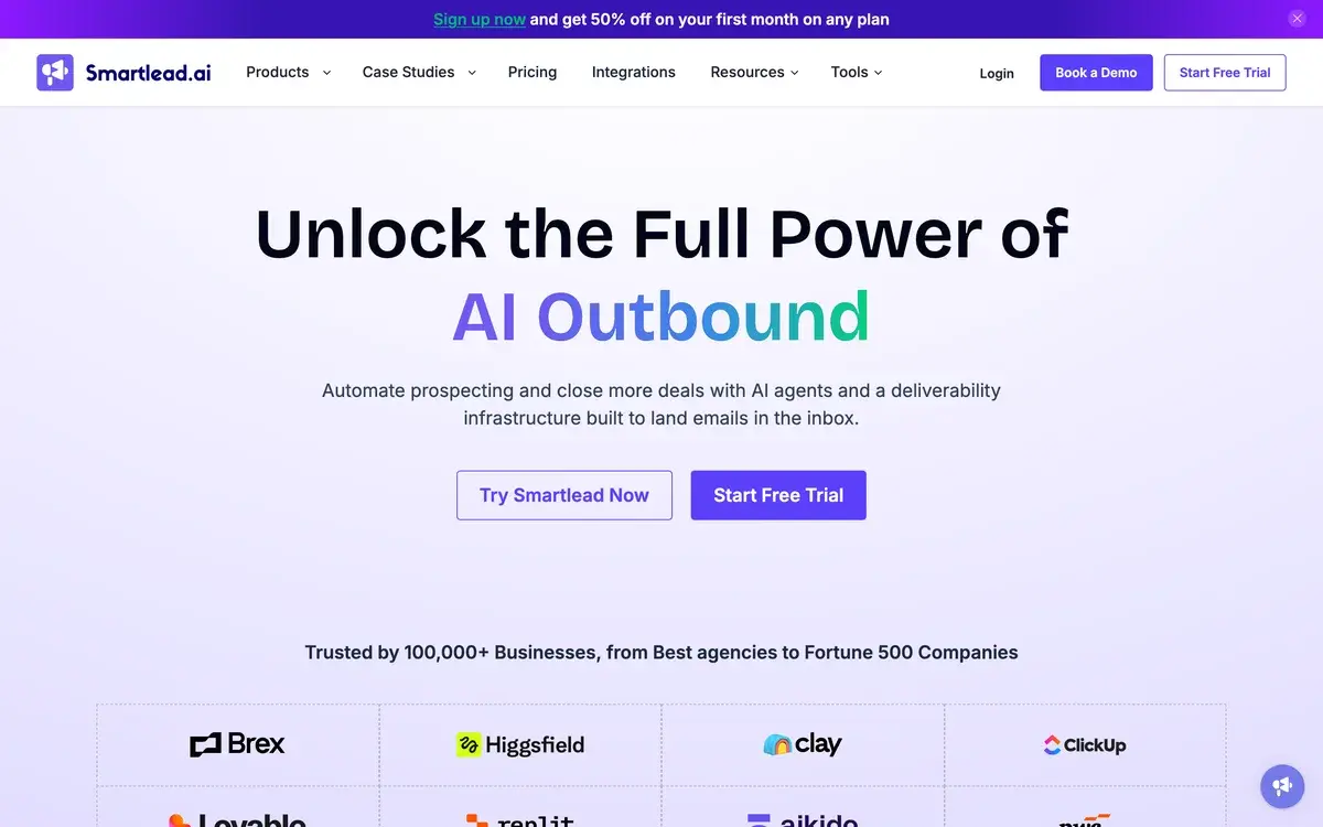 Smartlead's homepage in October 2026 with the headline Unlock the Full Power of AI Outbound, a line about AI agents and deliverability infrastructure, Try Smartlead Now and Start Free Trial buttons, and a grid of customer logos including Brex, Clay and ClickUp under a 50% off first month banner