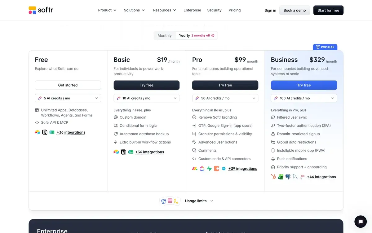 Softr's pricing page with yearly billing selected, two months off, showing Free with 5 AI credits a month, Basic at 19 dollars a month with 10 AI credits, Pro at 99 dollars with 50 credits and Business at 329 dollars marked popular with 100 credits, each listing its main features