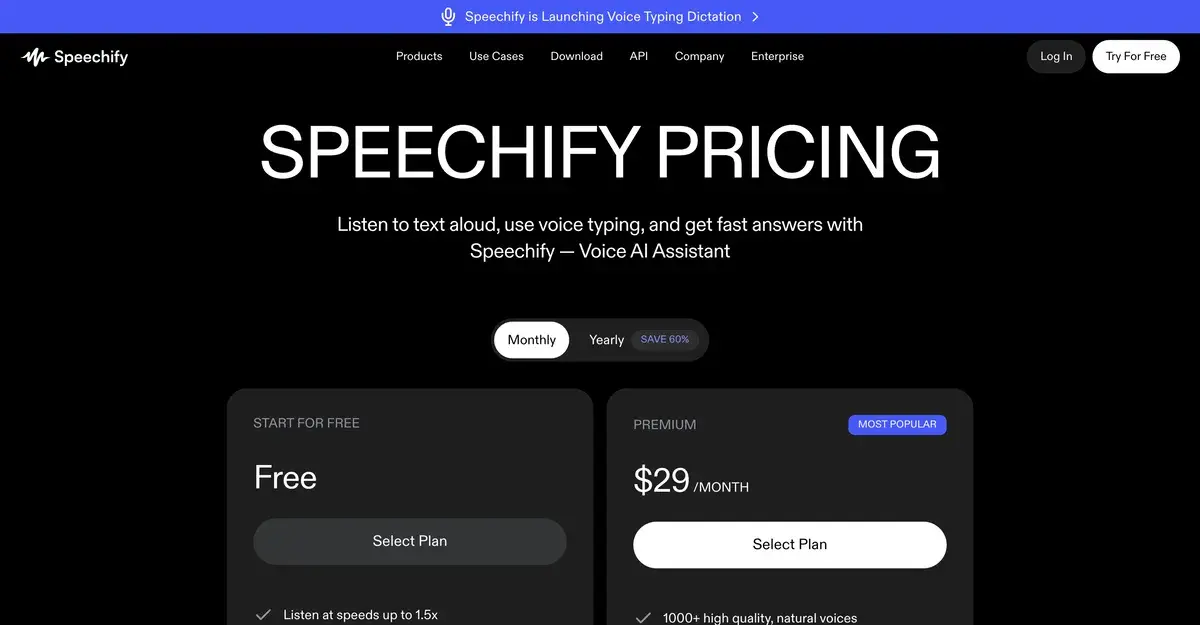 Speechify pricing page in September 2026 with a Monthly and Yearly toggle marked save 60%, a Free plan and a Premium plan at $29 a month labelled most popular, under the heading Speechify Pricing and the line Listen to text aloud, use voice typing, and get fast answers