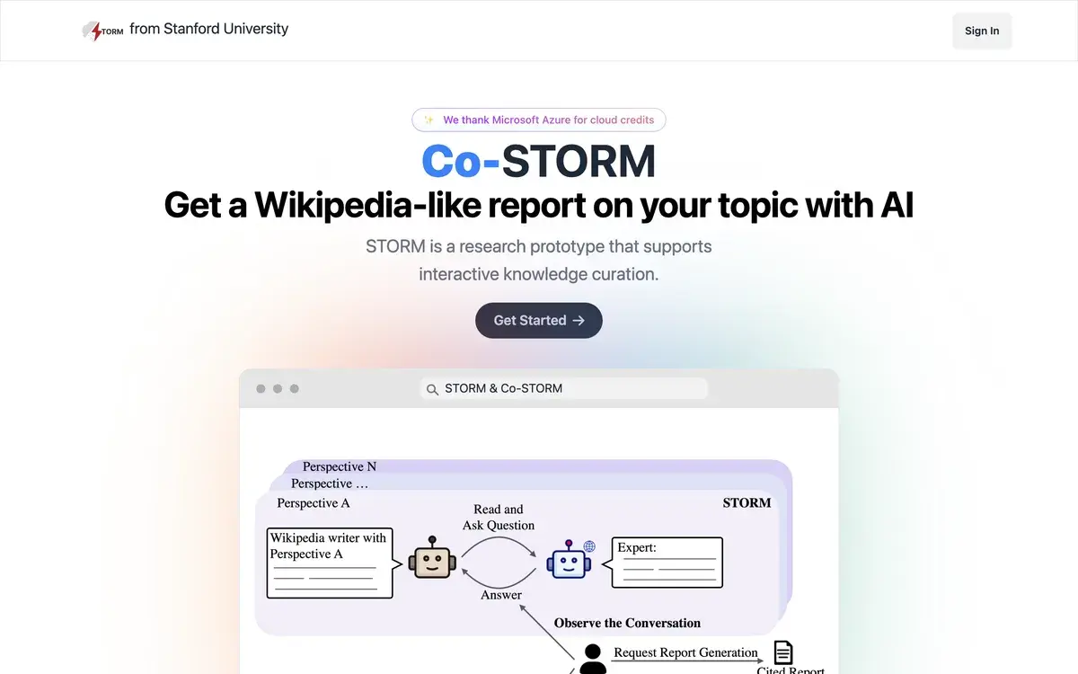 STORM website from Stanford University in September 2026 with the heading Co-STORM, the line Get a Wikipedia-like report on your topic with AI, a note that STORM is a research prototype that supports interactive knowledge curation, a Get Started button and a diagram of AI agents with different perspectives asking and answering questions