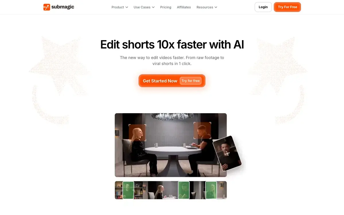 Submagic homepage in September 2026 with the headline Edit shorts 10x faster with AI, a Get Started Now button and a preview of a two-person video with face tracking and a timeline