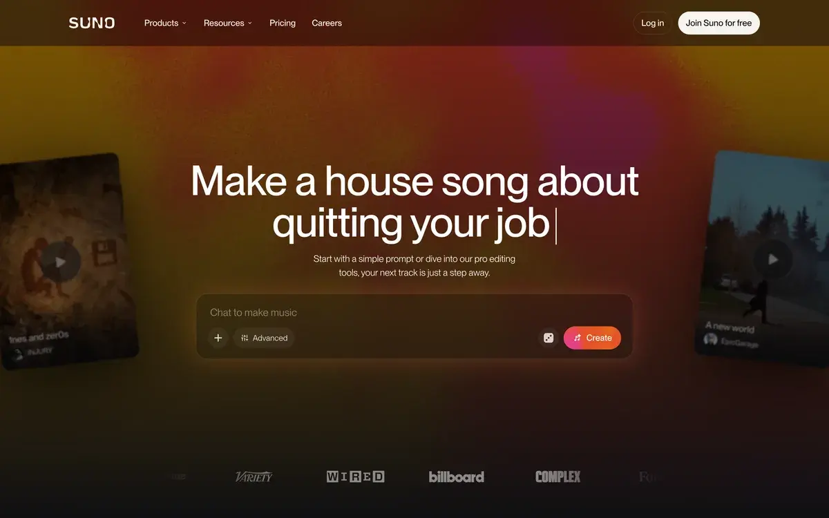 Suno's homepage in October 2026 on a dark, blurred background with the prompt Make a house song about quitting your job, a line about starting with a simple prompt or diving into the editing tools, and a Create button