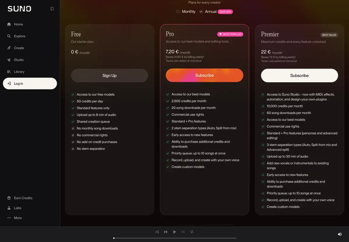 Suno's plans in October 2026 as shown in Europe with annual billing selected: Free at 0 euros with 50 credits a day and no downloads, Pro at 7.20 euros a month with 2,500 credits and 20 downloads, and Premier at 22 euros a month with 10,000 credits, 60 downloads and Suno Studio