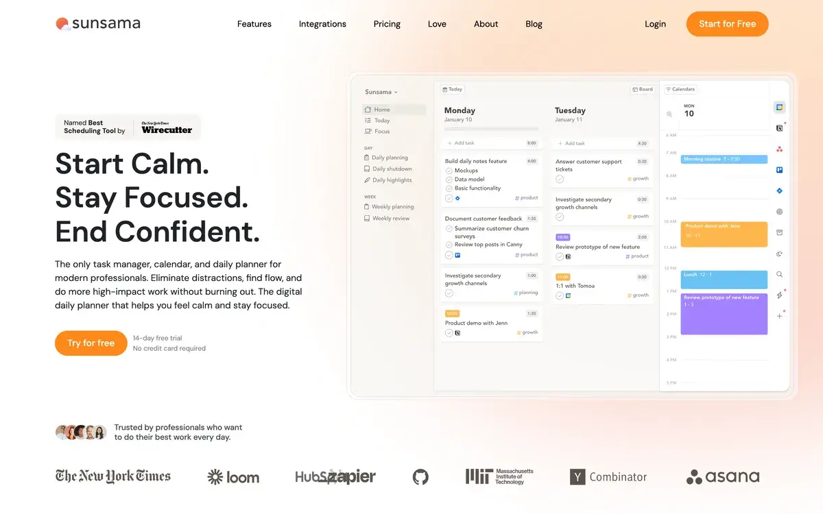 Sunsama homepage in September 2026 with a badge naming it Wirecutter's best scheduling tool, the headline Start Calm, Stay Focused, End Confident, a description of the task manager, calendar and daily planner for modern professionals, a Try for free button noting a 14-day trial with no credit card, and a weekly planning board beside a calendar