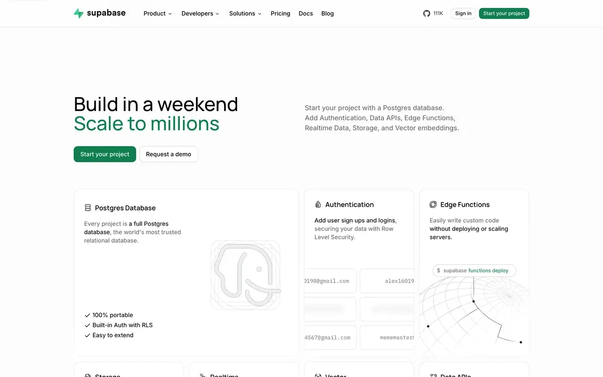 Supabase homepage, October 2026. Headline: Build in a weekend, Scale to millions. Below the Start your project and Request a demo buttons sit feature cards for Postgres Database, Authentication and Edge Functions