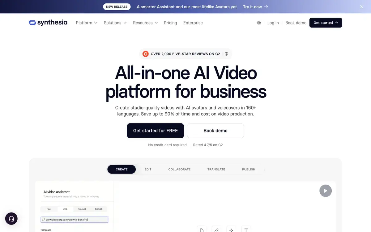 Synthesia homepage in September 2026 with the headline All-in-one AI Video platform for business, Get started for FREE and Book demo buttons, and an AI video assistant panel for turning a URL into a video