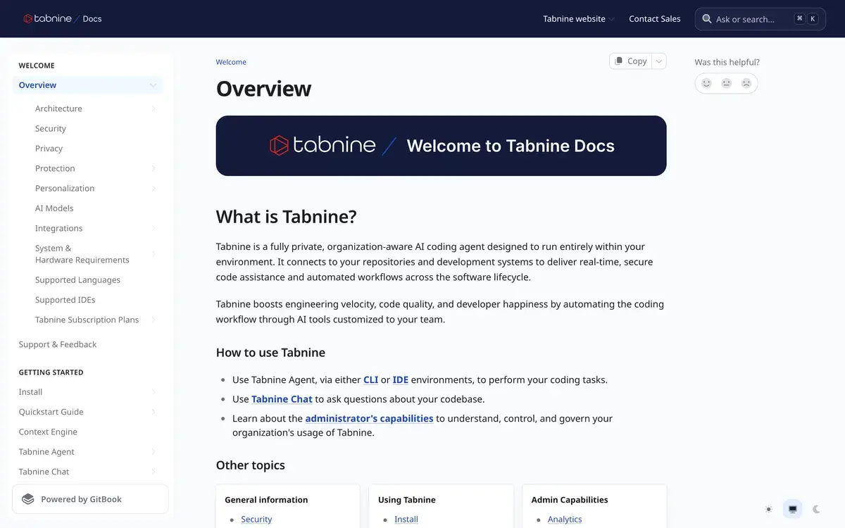 Tabnine documentation overview in September 2026, reached because tabnine.com now redirects to Tricentis, with the heading What is Tabnine and the description of a fully private, organization-aware AI coding agent designed to run entirely within your environment