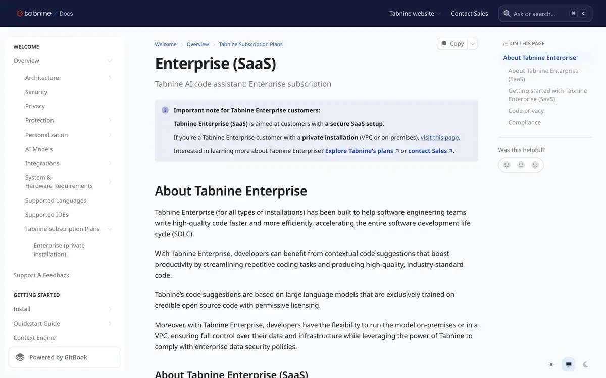 Tabnine documentation page Enterprise (SaaS) in September 2026 with a note that Tabnine Enterprise SaaS is aimed at customers with a secure SaaS setup, a pointer to private installations in a VPC or on-premises, and links to explore Tabnine's plans or contact sales, since no public pricing is listed