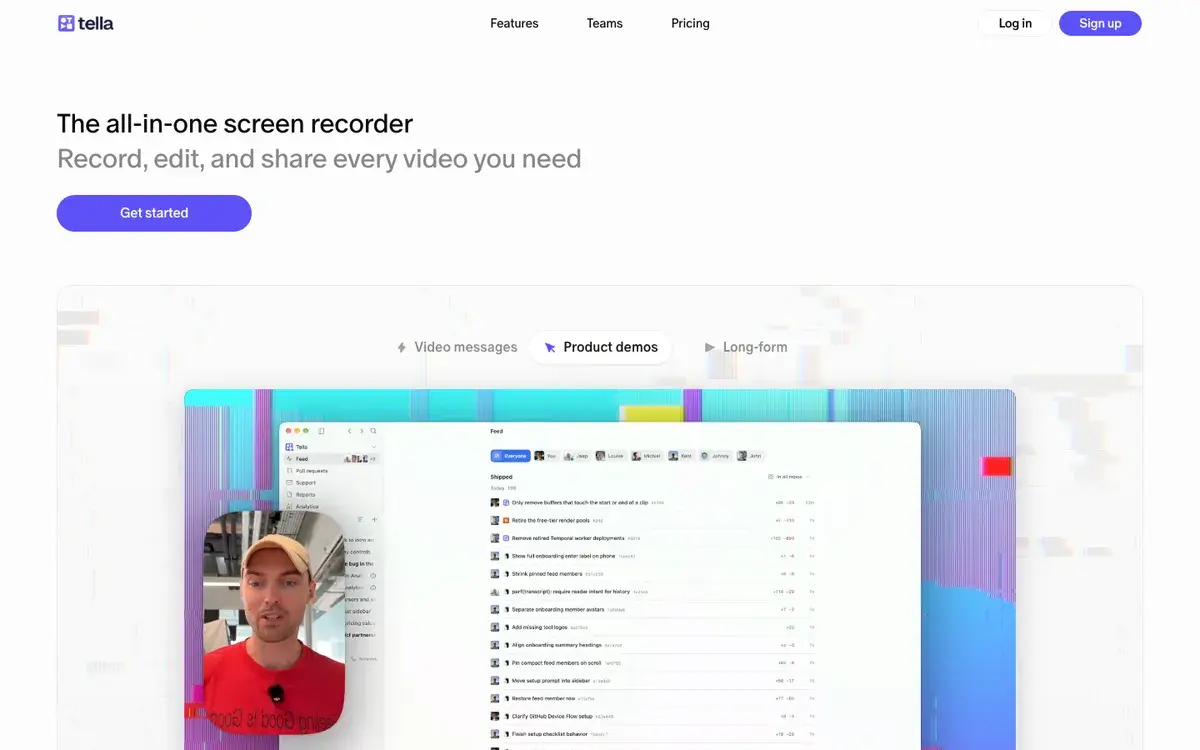 Tella homepage in September 2026 with the headline The all-in-one screen recorder, Record, edit, and share every video you need, a Get started button and a product demo with a presenter bubble over an app interface