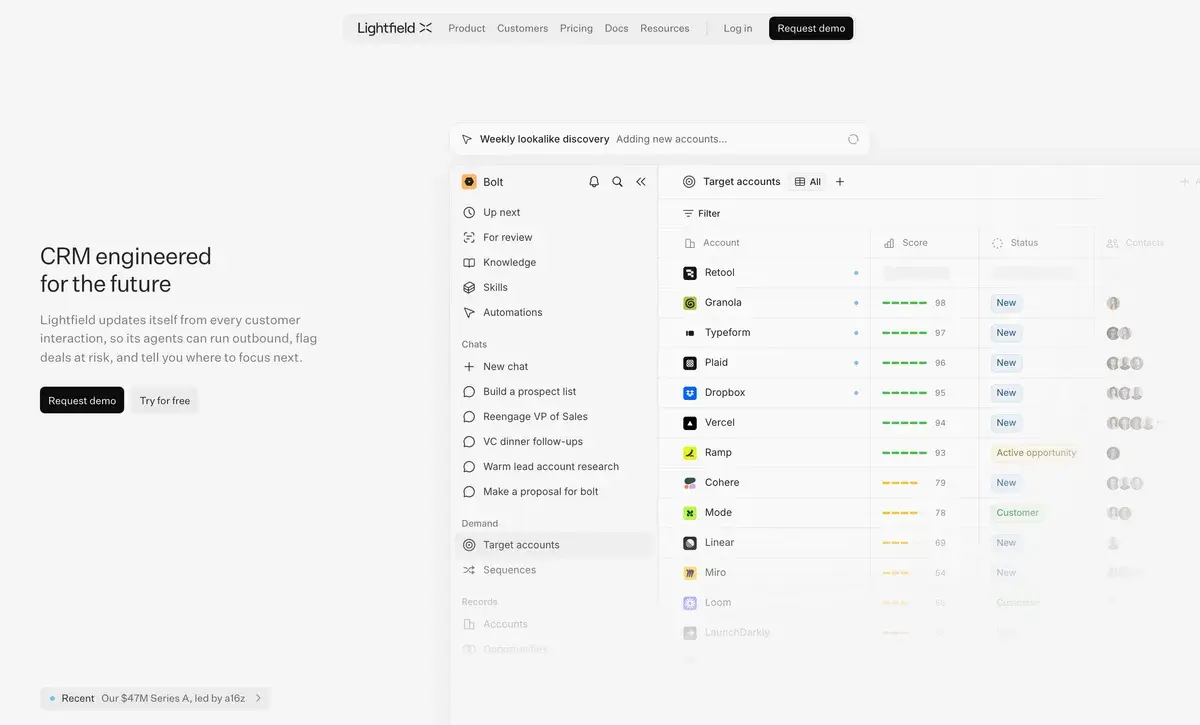 Lightfield homepage in September 2026 with the headline CRM engineered for the future, Request demo and Try for free buttons, a note about its $47M Series A led by a16z, and a target accounts table scoring companies such as Granola, Typeform, Plaid and Dropbox