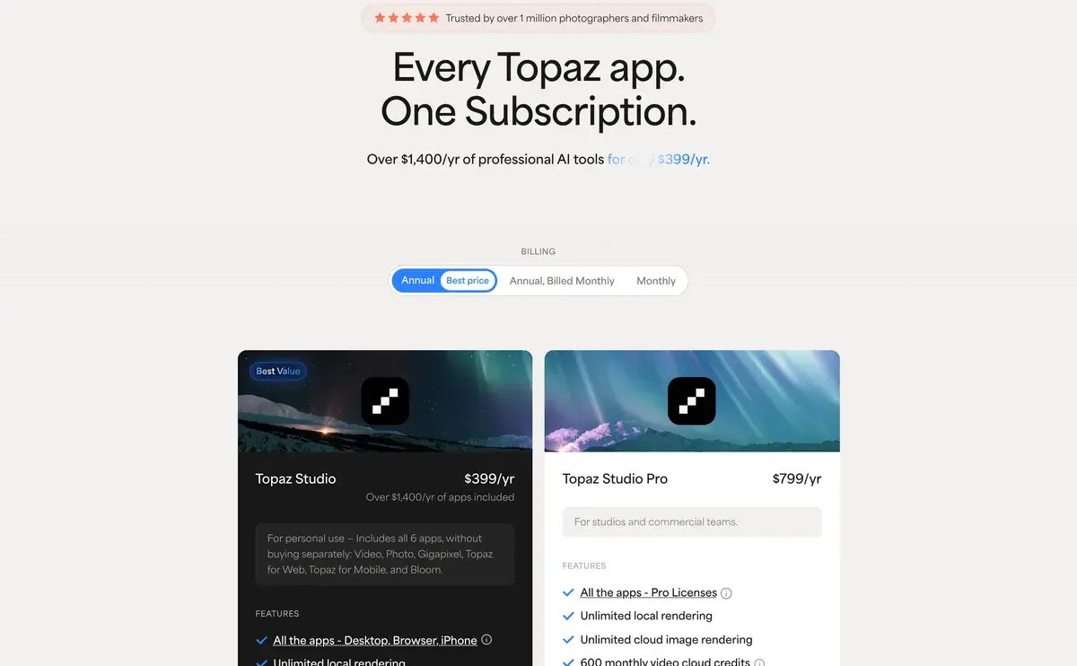 Topaz Labs pricing page in September 2026 headed Every Topaz app, One Subscription, with a claim of over 1,400 dollars a year of tools for 399 dollars, billing options for annual, annual billed monthly and monthly, and two cards: Topaz Studio at 399 dollars a year for personal use with all six apps, unlimited local and cloud image rendering and 300 monthly video cloud credits, and Topaz Studio Pro at 799 dollars a year with pro licenses and 600 credits
