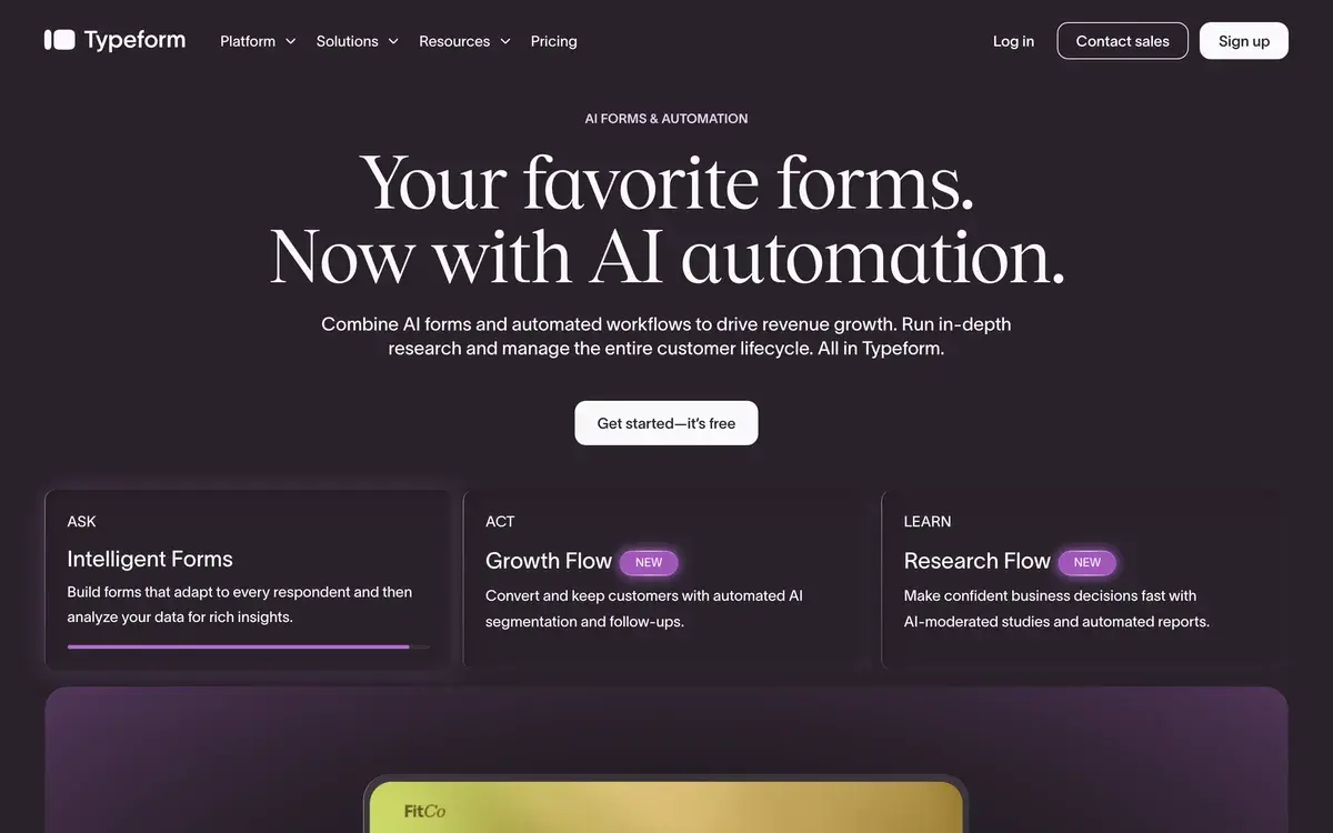 Typeform homepage, October 2026: Your favorite forms. Now with AI automation in large serif type on a dark background, a Get started, it's free button, and three cards for Intelligent Forms, Growth Flow and Research Flow, the last two marked new