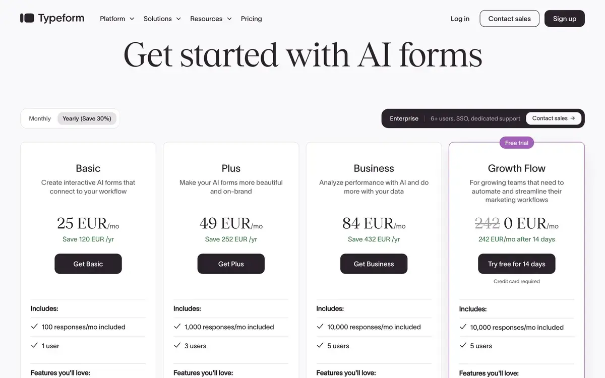 Four Typeform plans under the heading Get started with AI forms in October 2026, with yearly billing selected at 30% off: Basic at 25 euros a month saving 120 euros a year, Plus at 49 euros, Business at 84 euros, and Growth Flow at 242 euros a month after a 14-day free trial, with responses and users listed under each