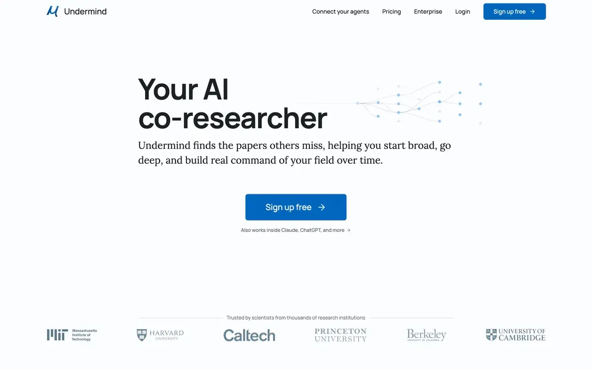 The words Your AI co-researcher at the top of Undermind's homepage, October 2026, with the line Undermind finds the papers others miss, a Sign up free button, a note that it also works inside Claude and ChatGPT, and logos of MIT, Harvard, Caltech, Princeton, Berkeley and Cambridge