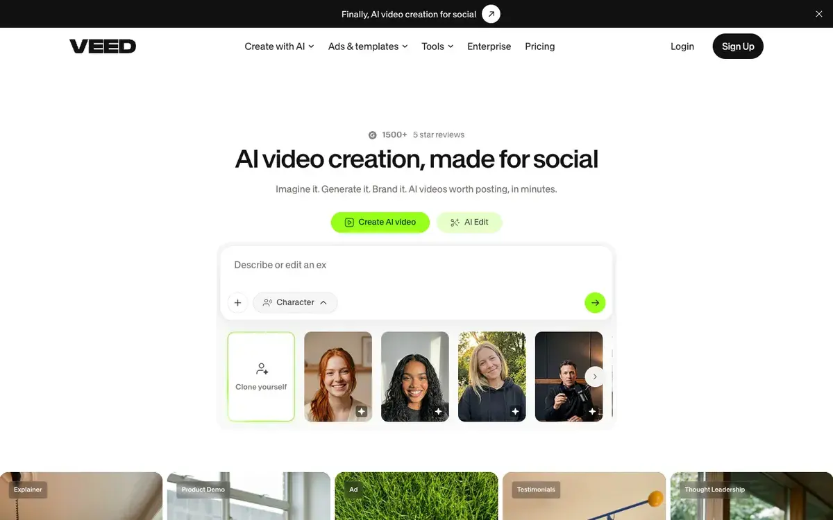 VEED homepage in September 2026 with the headline AI video creation, made for social, Create AI video and AI Edit buttons, a prompt box and a row of avatar characters including a Clone yourself option