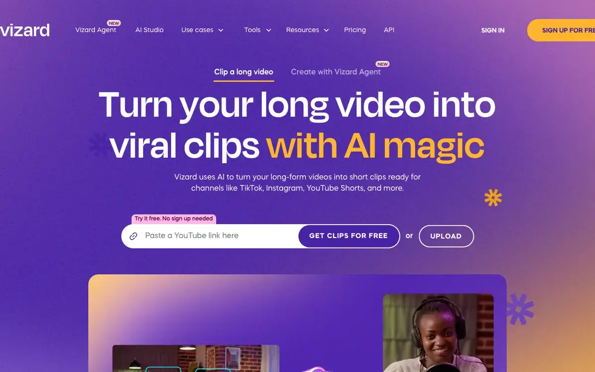 Vizard homepage in September 2026 with the headline Turn your long video into viral clips with AI magic, a Paste a YouTube link box with a Get clips for free button and a speaker detection preview