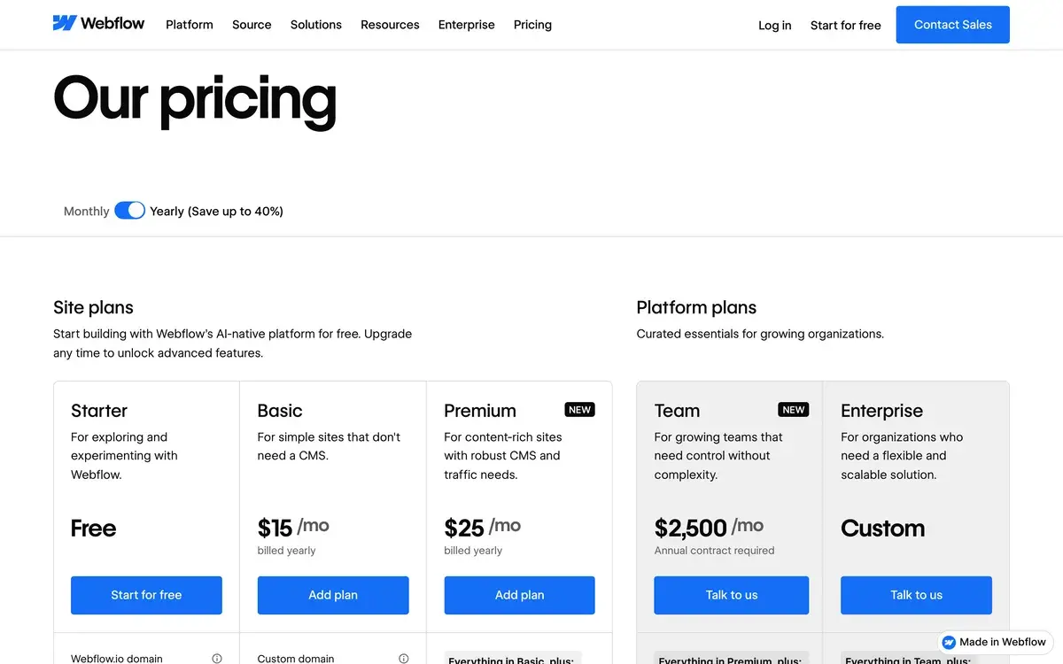 The Webflow pricing page in October 2026 with yearly billing switched on, listing Site plans for Starter free, Basic at 15 dollars a month and Premium at 25 dollars marked new, next to Platform plans for Team at 2,500 dollars a month on an annual contract and custom Enterprise pricing