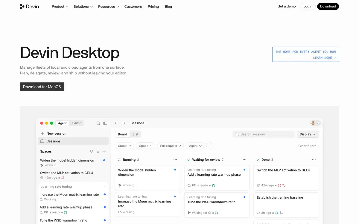 Devin Desktop page in October 2026, the product formerly called Windsurf, with the line Manage fleets of local and cloud agents from one surface, a Download for MacOS button, and the Agent Command Center showing sessions in Running, Waiting for review and Done columns
