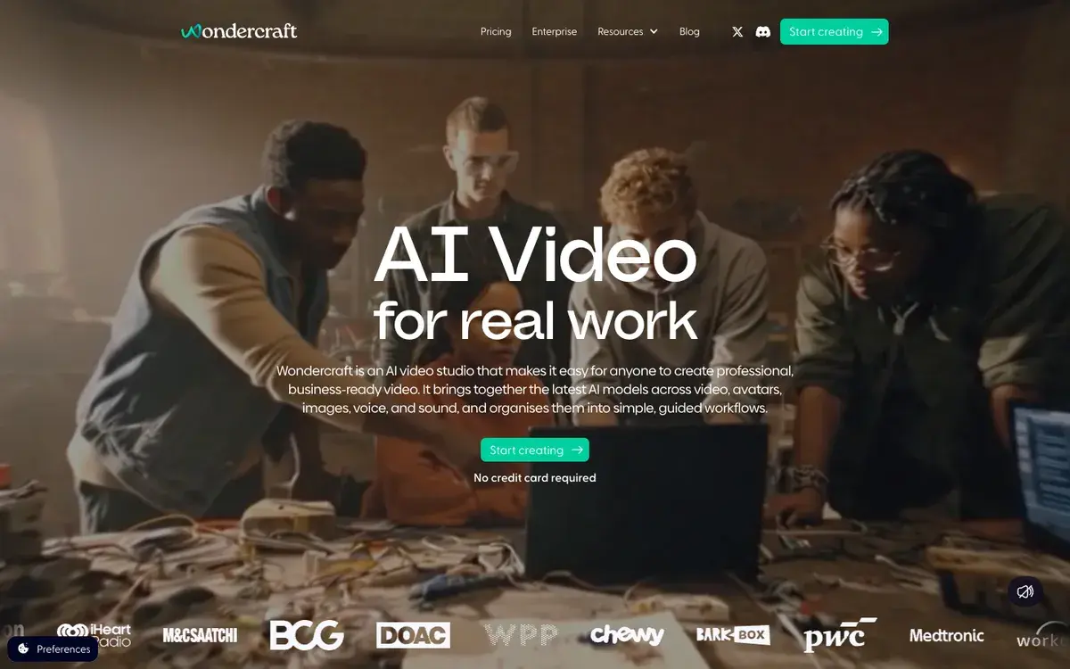 Wondercraft homepage in September 2026 with the headline AI Video for real work over a team gathered around laptops, a Start creating button and customer logos including iHeartRadio, BCG, WPP and PwC