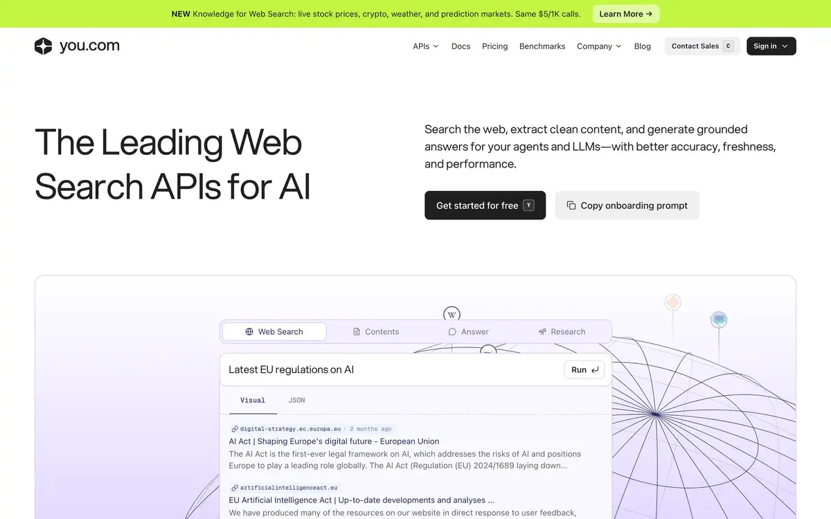The Leading Web Search APIs for AI, the headline on you.com in October 2026, beside buttons to get started for free and copy an onboarding prompt, above an interactive demo running a web search for the latest EU regulations on AI