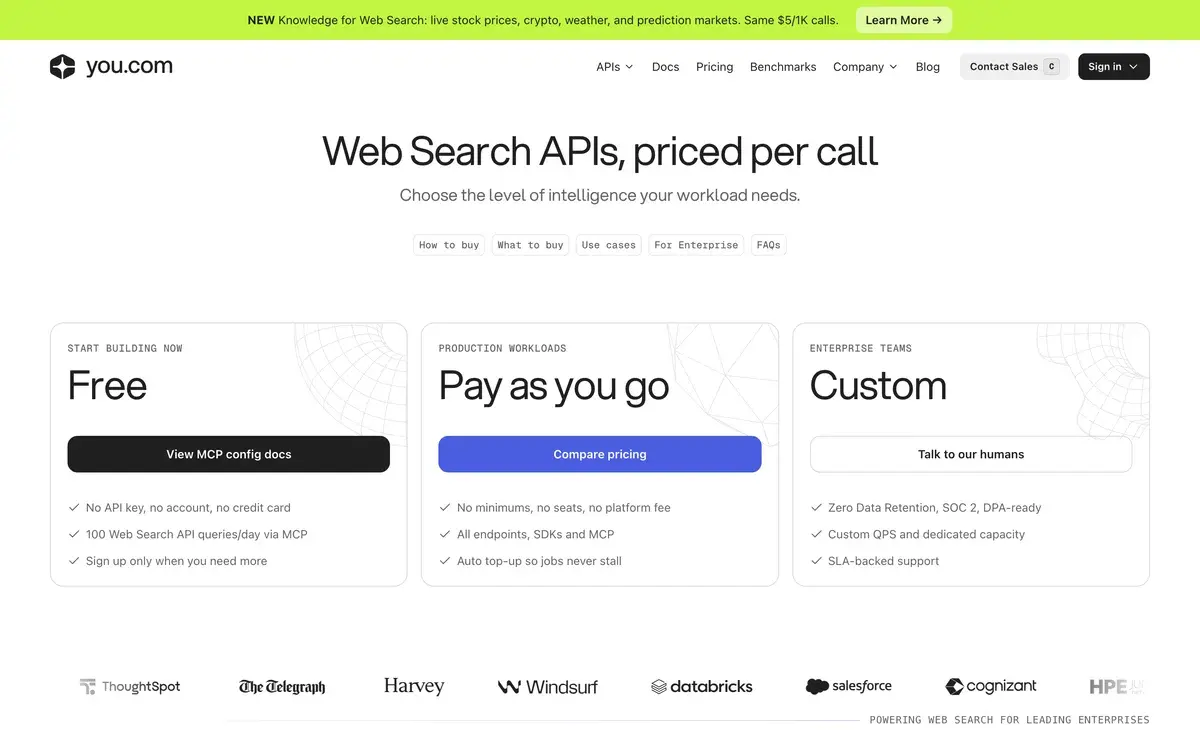 Web Search APIs, priced per call, heads You.com's pricing in October 2026, above three options: a free plan that needs no API key, account or credit card and allows 100 Web Search API queries a day via MCP, pay as you go with no minimums, seats or platform fee, and custom enterprise pricing with zero data retention and SOC 2