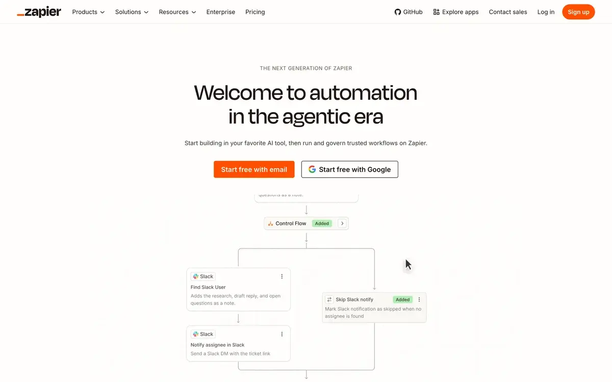 Zapier homepage in October 2026 under the label The next generation of Zapier, with the headline Welcome to automation in the agentic era, the line Start building in your favorite AI tool, then run and govern trusted workflows on Zapier, Start free with email and Start free with Google buttons, and a Zap diagram with Slack steps