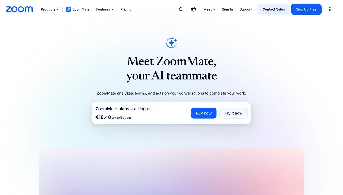 Meet ZoomMate, your AI teammate: the headline of Zoom's AI page in October 2026 under a sparkle icon, with a box offering ZoomMate plans from 18.40 euros per user a month and Buy now and Try it now buttons