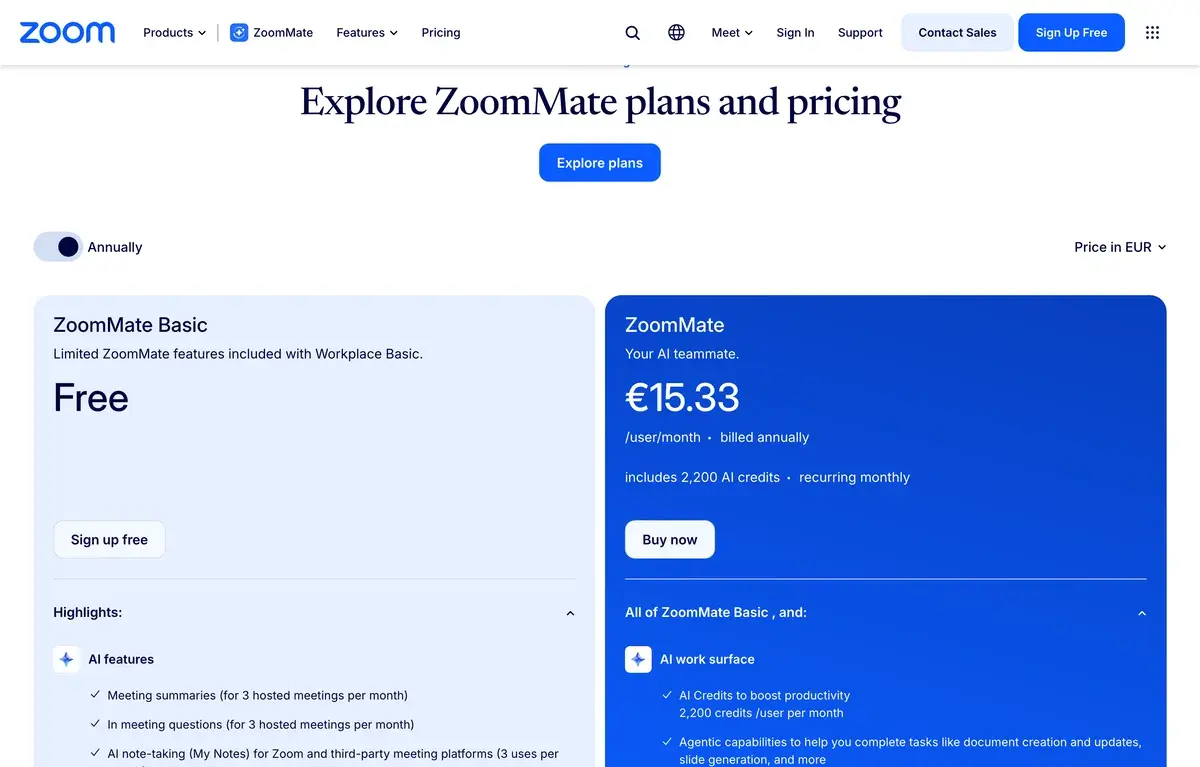 ZoomMate plans on Zoom's site in October 2026 with annual billing and euro prices: ZoomMate Basic, free with Workplace Basic, listing limited meeting summaries, in-meeting questions and note-taking, beside ZoomMate at 15.33 euros per user a month billed annually with 2,200 AI credits recurring monthly